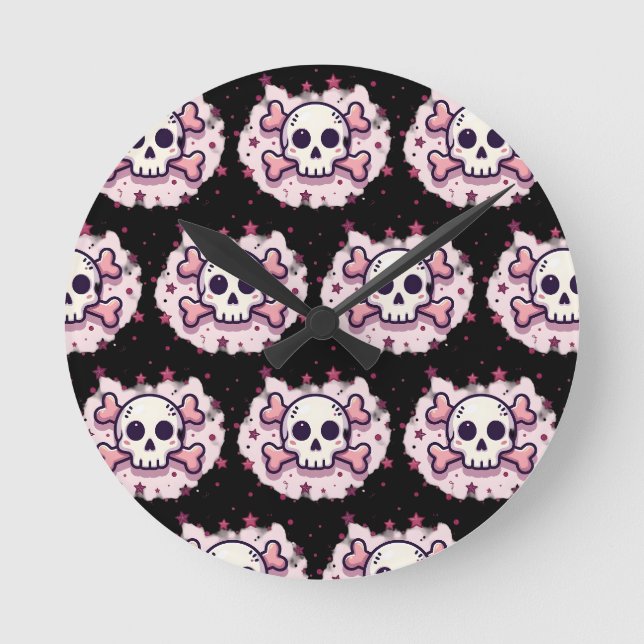 Pastel Pink Skull and Crossbones Round Clock (Front)
