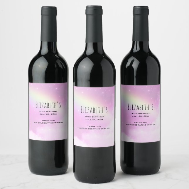 Pastel Pink Sky with Rainbow Party Thank You Wine Label (Bottles)