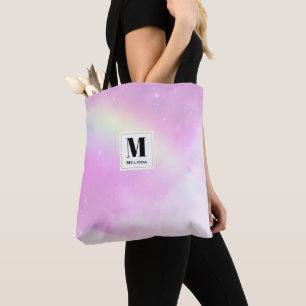 Pastel Pink Sky with Yellow Rainbow Monogram Tote Bag