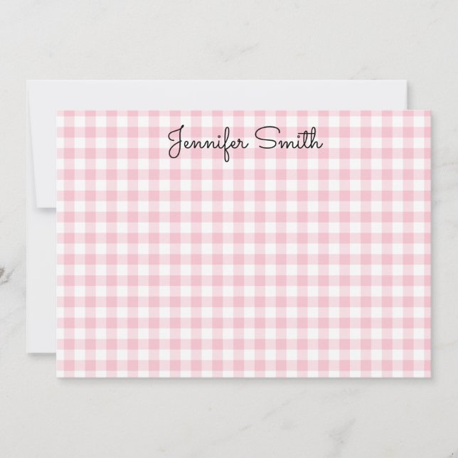 Pastel Pink Small Gingham Whimsical Calligraphy Card (Front)