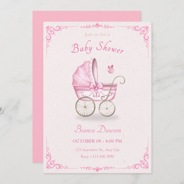 Pastel pink soft baby stroller baby shower invitation (Front/Back)