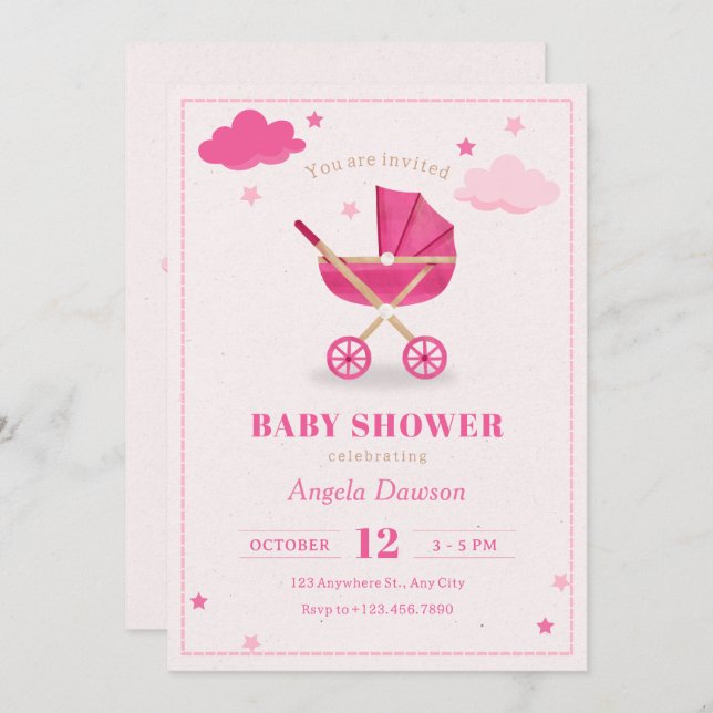 Pastel pink soft baby stroller baby shower  invitation (Front/Back)
