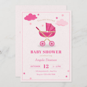 Pastel pink soft baby stroller baby shower invitation