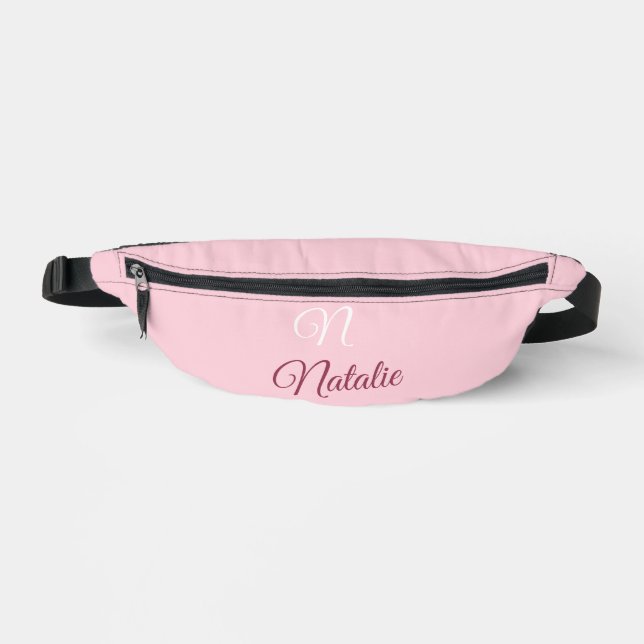 Pastel pink solid colour monogrammed bum bags (Front)