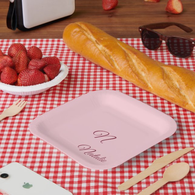 Pastel pink solid colour monogrammed  paper plate (Picnic)