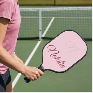 Pastel pink solid colour monogrammed pickleball paddle