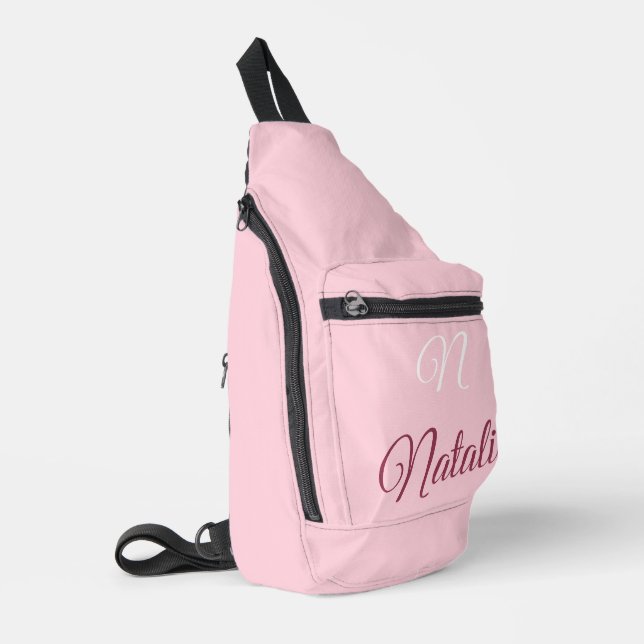 Pastel pink solid colour monogrammed sling bag (Left Corner)