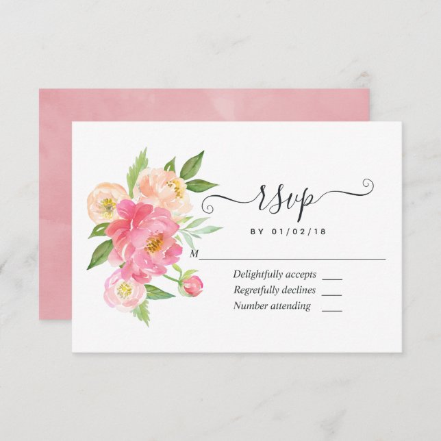 Pastel Pink Spring Watercolor Peonies Wedding RSVP Card (Front/Back)