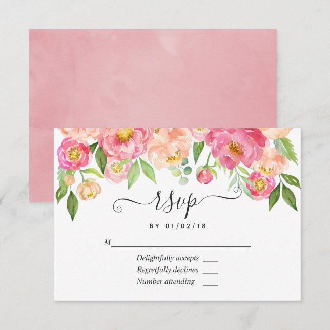 Pastel Pink Spring Watercolor Peonies Wedding RSVP Card (Front/Back)