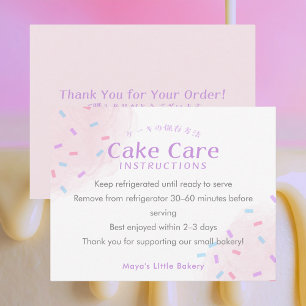 Pastel Pink Sprinkle Cake Care Instructions Thank You Card