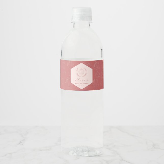 Pastel Pink Strawberry Minimalist Birthday Water Bottle Label (Front)