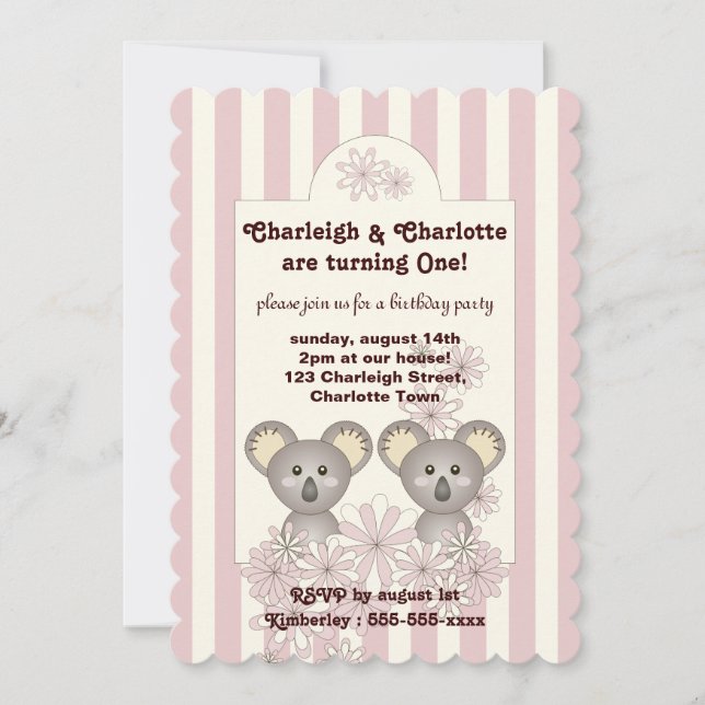 Pastel Pink Stripe Baby Koala Twin Girl Birthday Invitation (Front)
