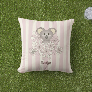 Pastel Pink Stripe Cute Baby Koala Bear Girl Outdoor Cushion