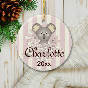 Pastel Pink Stripe Cute Baby Koala Girl Christmas Ceramic Tree Decoration