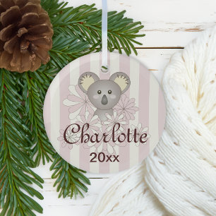 Pastel Pink Stripe Cute Baby Koala Girl Glass Tree Decoration