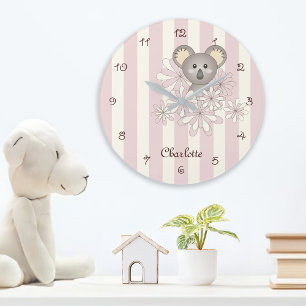 Pastel Pink Stripe Cute Baby Koala Kids Girl Room Large Clock