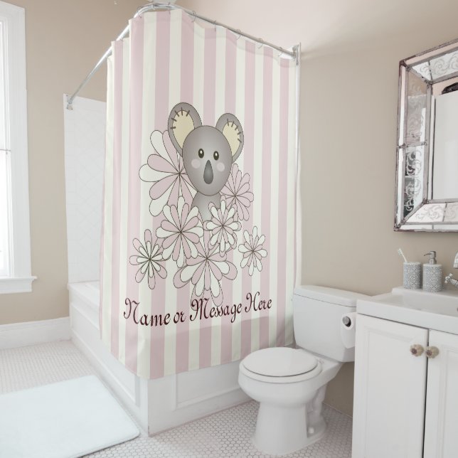 Pastel Pink Stripe Cute Baby Koala Kids Girl Shower Curtain (In Situ)
