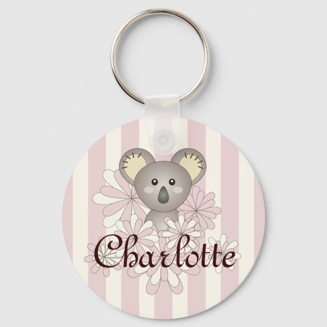 Pastel Pink Stripe Cute Baby Koala Kids Girls Key Ring (Front)