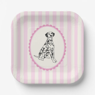 Pastel Pink Stripes and Black Dog Illustration Paper Plate