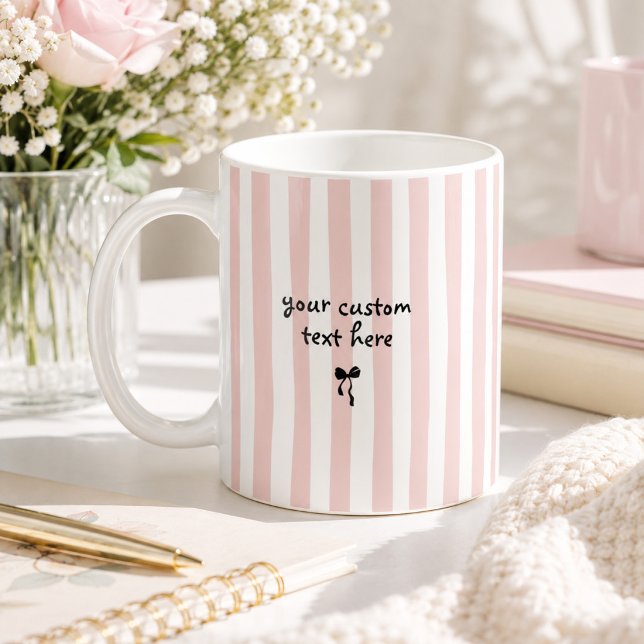 Pastel Pink Stripes Custom Text Coquette Bow Coffee Mug (Pastel pink and white striped personalized coffee mug with custom text and bow.)