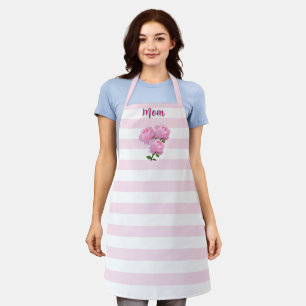 Pastel Pink Stripes with Pink Roses "Mom" Apron