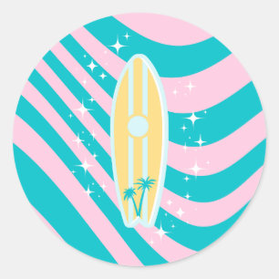 Pastel Pink Surfboard, Beach Art, Tropical Vibes Classic Round Sticker