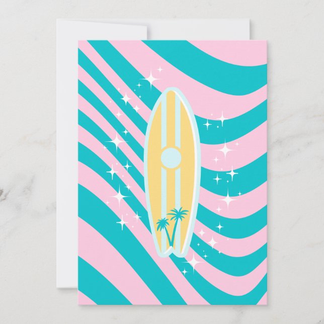 Pastel Pink Surfboard, Beach Art, Tropical Vibes Invitation (Front)