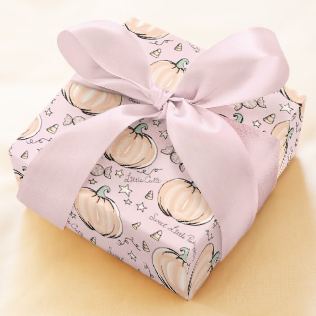 Pastel Pink Sweet Little Pumpkin Baby Wrapping Paper (Cute Pastel Baby Halloween or Autumn Baby Shower Pattern of Orange Pumpkins, Candy, & Little Stars.)