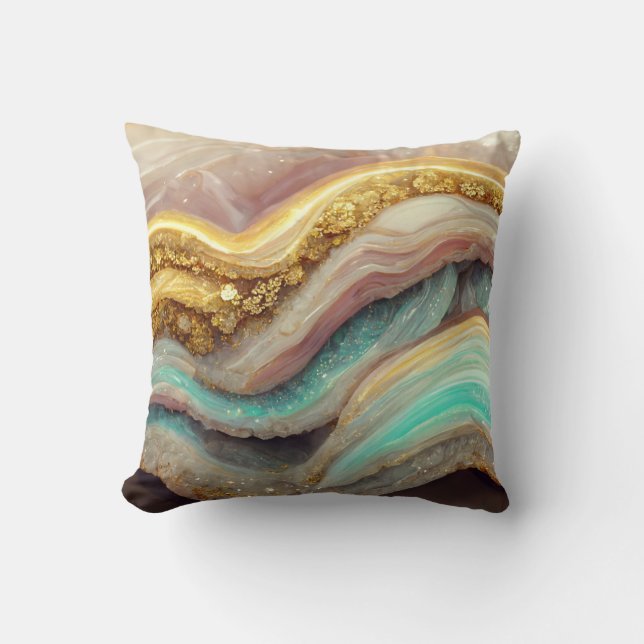 Pastel Pink Teal Agate Geode Stone Cushion (Front)