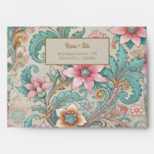 Pastel Pink Teal Batik Floral Return Address Envelope