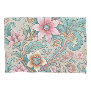 Pastel Pink Teal Boho Indonesian Batik Floral  Pillowcase