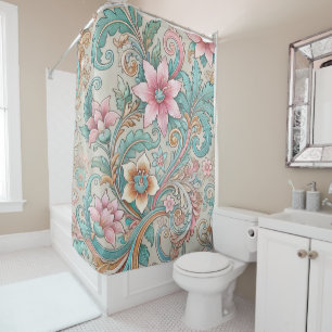 Pastel Pink Teal Boho Indonesian Batik Floral Shower Curtain