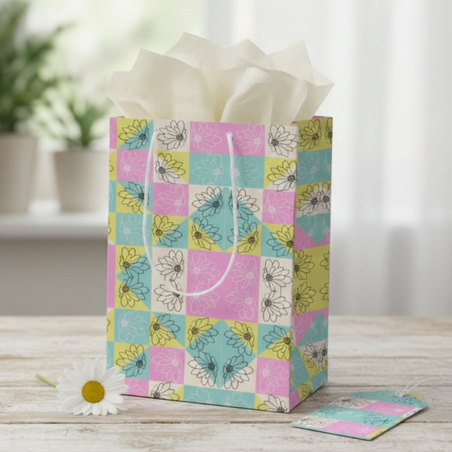 Pastel Pink Teal & Cream Chequered Floral Pattern Medium Gift Bag (Creator Uploaded)
