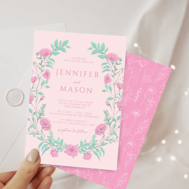 Pastel pink teal green floral bohemian wedding invitation (Creator Uploaded)