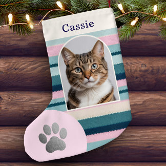 Pastel Pink Teal Pet Cat Paw Print Custom Photo Small Christmas Stocking