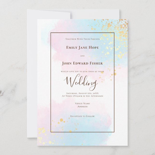 Pastel Pink Teal Watercolor Gold Splashes Wedding Invitation (Front)