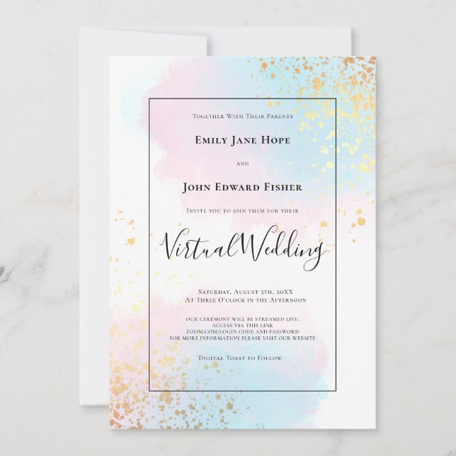 Pastel Pink Teal Watercolor Gold Virtual Wedding Invitation (Front)
