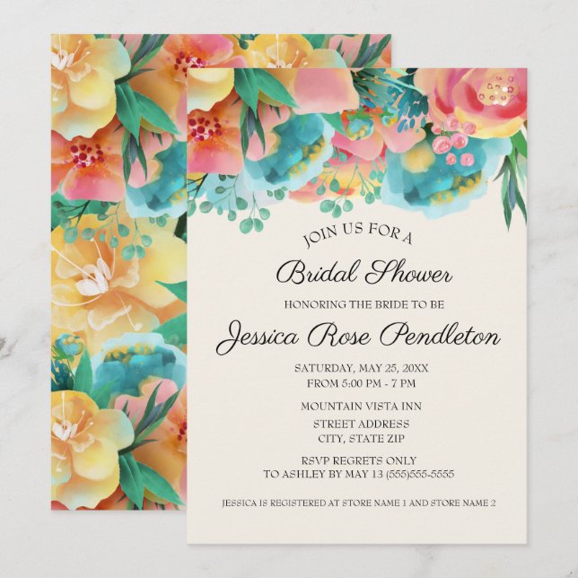 Pastel Pink Teal Yellow Floral Bridal Shower Invitation (Front/Back)