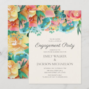 Pastel Pink Teal Yellow Floral Engagement Party Invitation