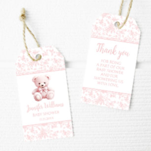 Pastel pink teddy bear baby girl shower thank you gift tags