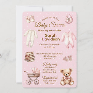 Pastel Pink Teddy Bear Clothes & Gifts-Baby Shower Invitation