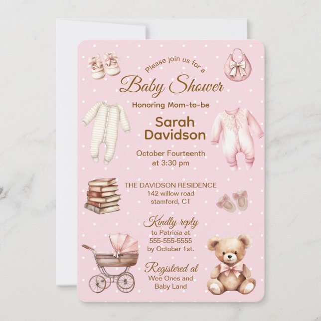 Pastel Pink Teddy Bear Clothes & Gifts-Baby Shower Invitation (Front)