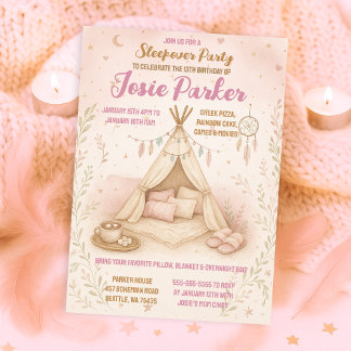 Pastel Pink Teepee Sleepover Birthday Party  Invitation