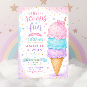 Pastel Pink Three Scoops Of Fun 3rd Birthday Party Invitation