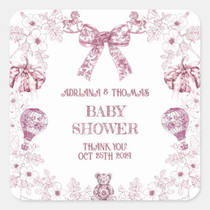 Pastel Pink Toile Preppy Baby Shower Square Sticker