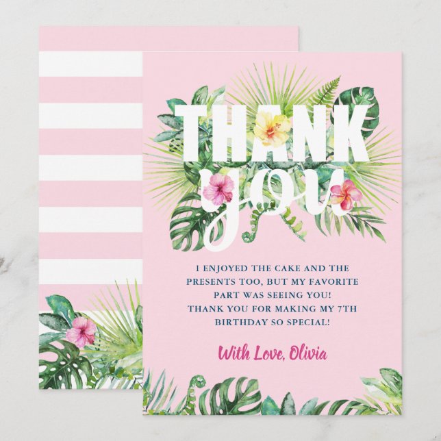 Pastel Pink Tropical Greenery Floral Birthday Thank You Card (Front/Back)