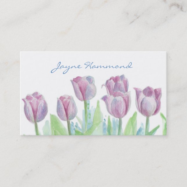 Pastel Pink Tulip Flowers Watercolor Business Card (Front)