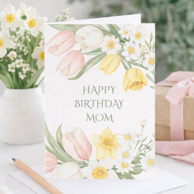 Pastel Pink Tulips Daffodils Floral Birthday Card (Creator Uploaded)