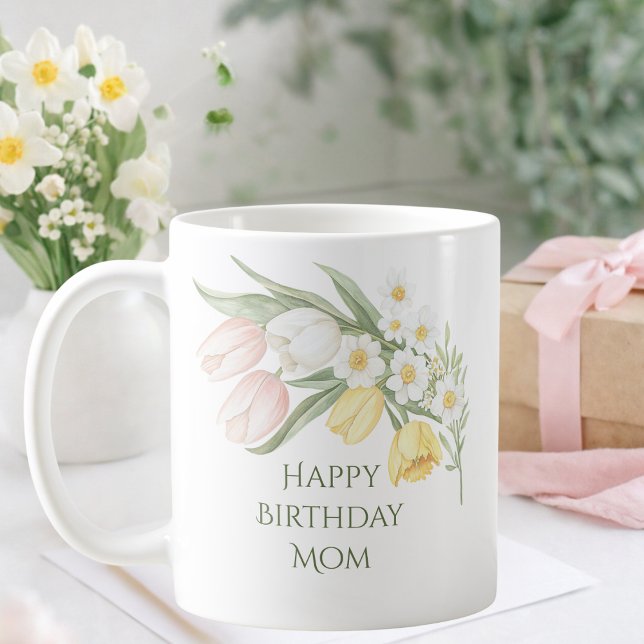Pastel Pink Tulips Daffodils Floral Birthday Mug (Creator Uploaded)