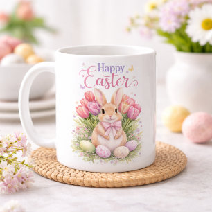 Pastel Pink Tulips Easter Bunny Happy Easter Coffee Mug